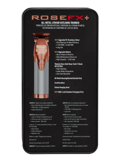 BaBylissPRO RoseFX+ Outlining Cordless Trimmer – Titanium Deep-Tooth T-Blade, 4hr Runtime, USB-C Fast Charging (FX787NRG)