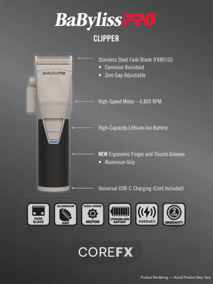 BaBylissPRO™ CoreFX Cordless Clipper (FX86) — Brushless Pro Motor, Zero-Gap Precision