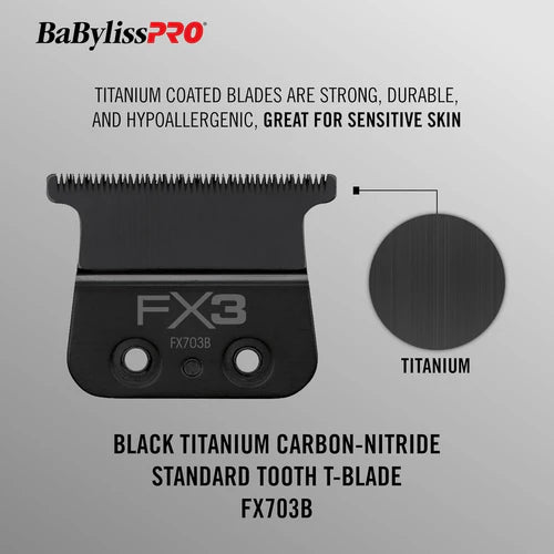 BaBylissPRO® FX3 Titanium Carbon-Nitride Ultra-Thin T-Blade (FX703B) – Zero Gap Adjustable Standard-Tooth Replacement Blade for FXX3TB