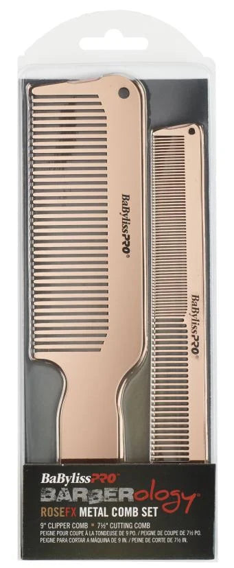 BaBylissPRO RoseFX Metal Barber Comb Set (2pc) – Rose Gold Clipper & Cutting Combs for Elite Barbers and Stylists