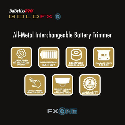 BaBylissPRO FXONE GOLDFX All-Metal Cordless Trimmer (FX799G) – Interchangeable Battery, Brushless Motor