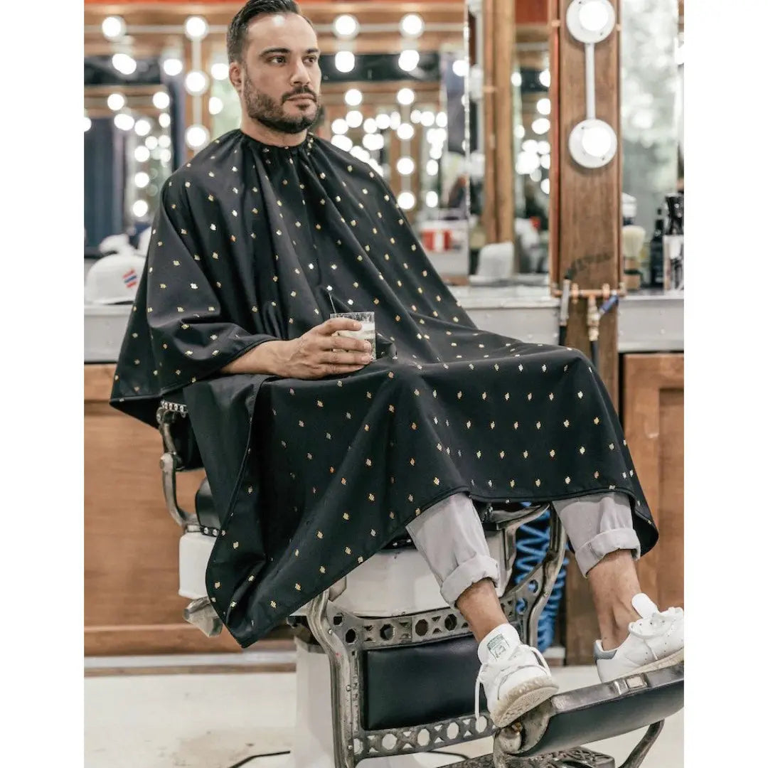 Barber Strong™ Shield Barber Cutting Cape – Professional Static-Free, Water & Hair-Resistant NanoShield Cape (Black with White Trim)