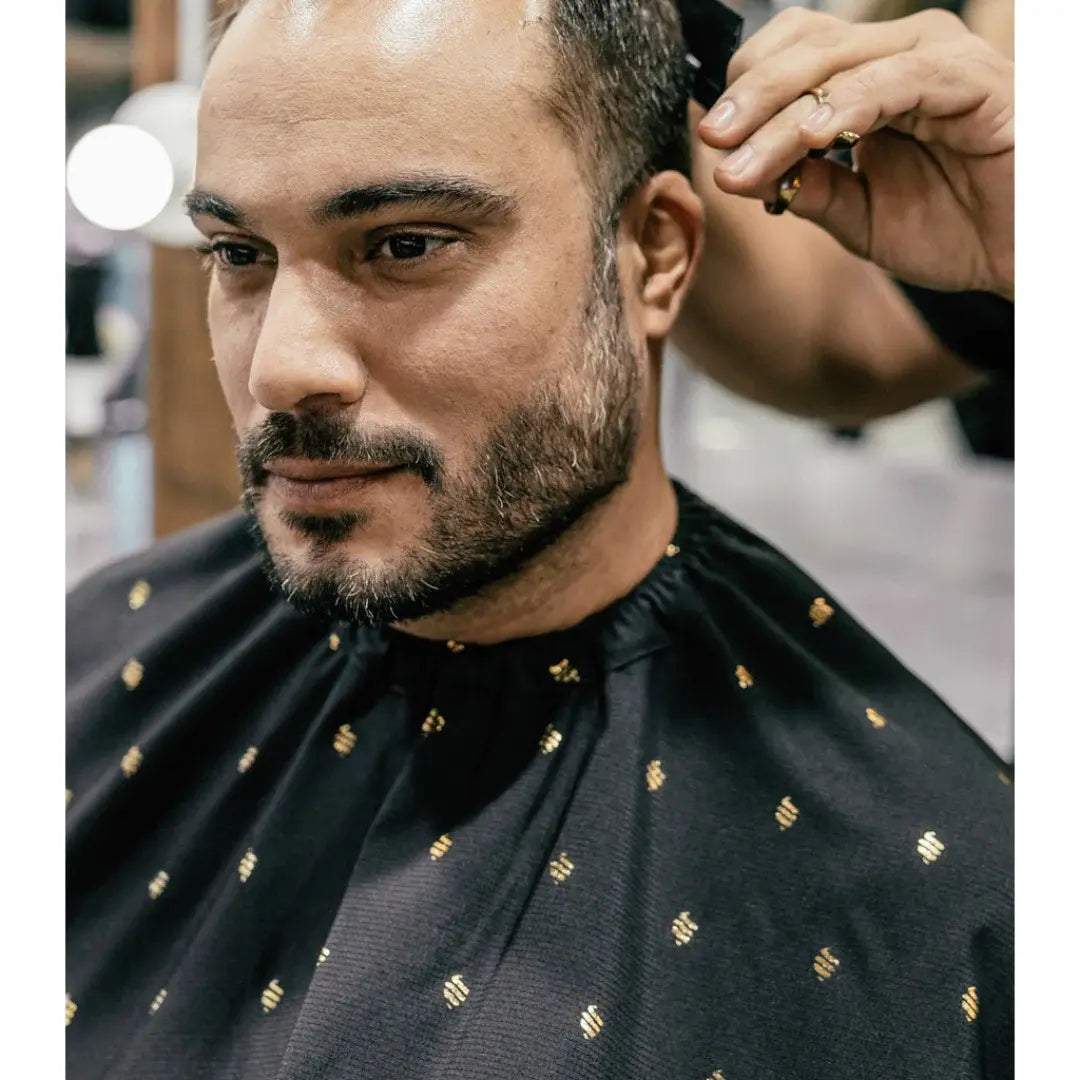 Barber Strong™ Shield Barber Cutting Cape – Professional Static-Free, Water & Hair-Resistant NanoShield Cape (Black with White Trim)