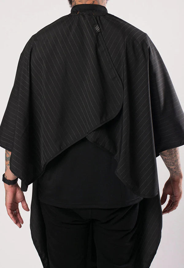 Barber Strong™ Classic Barber Cape – Black/White Pinstripe | NanoShield Anti-Static Cutting Cape for Professional Barbers