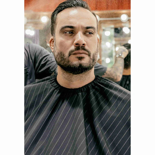 Barber Strong™ Classic Barber Cape – Black/White Pinstripe | NanoShield Anti-Static Cutting Cape for Professional Barbers