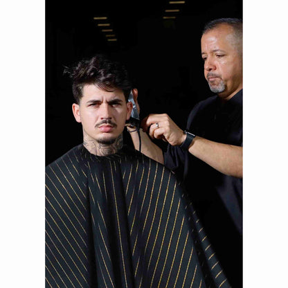 Barber Strong™ Classic Barber Cape – Black & Gold Pinstripe | Premium Anti-Static, Water-Resistant Cutting Cape