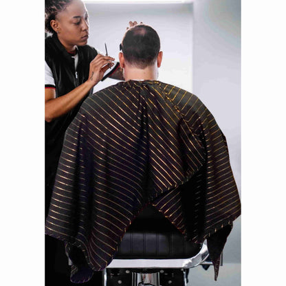 Barber Strong™ Classic Barber Cape – Black & Gold Pinstripe | Premium Anti-Static, Water-Resistant Cutting Cape