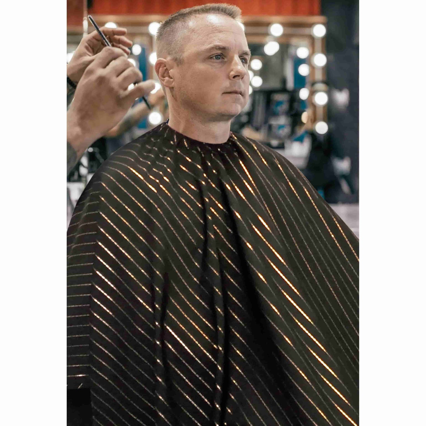 Barber Strong™ Classic Barber Cape – Black & Gold Pinstripe | Premium Anti-Static, Water-Resistant Cutting Cape