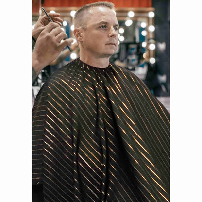 Barber Strong™ Classic Barber Cape – Black & Gold Pinstripe | Premium Anti-Static, Water-Resistant Cutting Cape