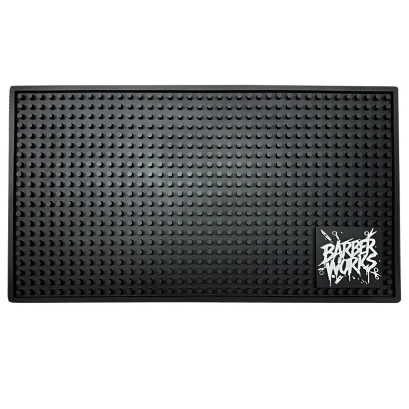 Barber Works™ Professional Station Mat – 17.5" × 10" Heavy-Duty Non-Slip, Heat & Water-Resistant Barber Tool Mat