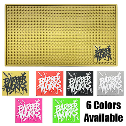 Barber Works™ Professional Station Mat – 17.5" × 10" Heavy-Duty Non-Slip, Heat & Water-Resistant Barber Tool Mat