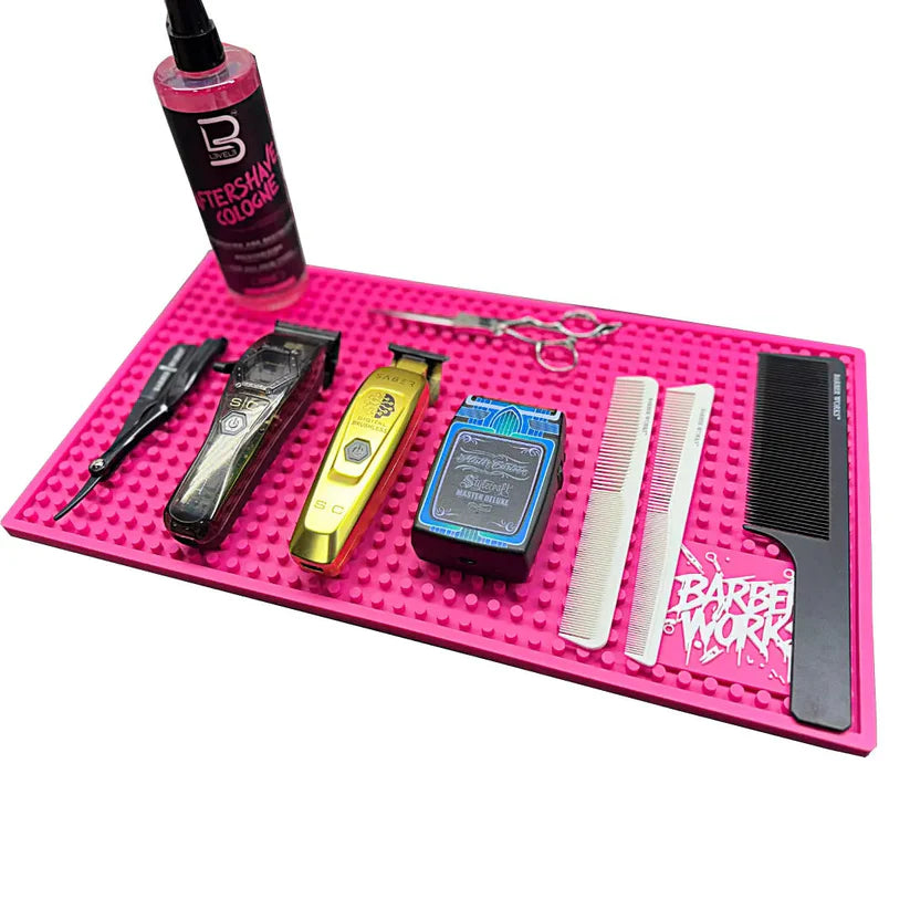 Barber Works™ Professional Station Mat – 17.5" × 10" Heavy-Duty Non-Slip, Heat & Water-Resistant Barber Tool Mat