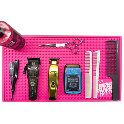 Barber Works™ Professional Station Mat – 17.5" × 10" Heavy-Duty Non-Slip, Heat & Water-Resistant Barber Tool Mat