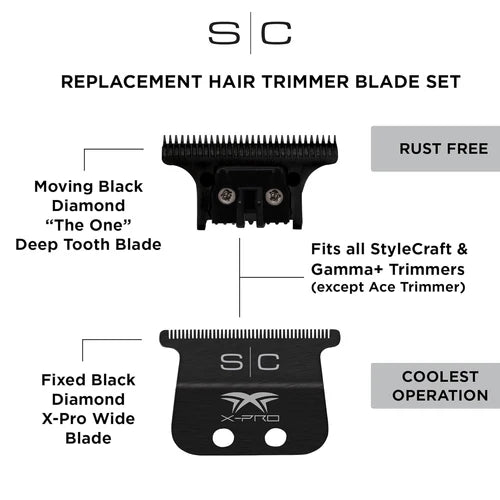 StyleCraft™ Black Diamond X-Pro Wide Fixed Trimmer Blade with Black DLC “The One” Cutter Set (SC536B) – Zero Gap Adjustable, Professional DLC Replacement Blade