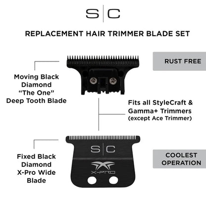 StyleCraft™ Black Diamond X-Pro Wide Fixed Trimmer Blade with Black DLC “The One” Cutter Set (SC536B) – Zero Gap Adjustable, Professional DLC Replacement Blade