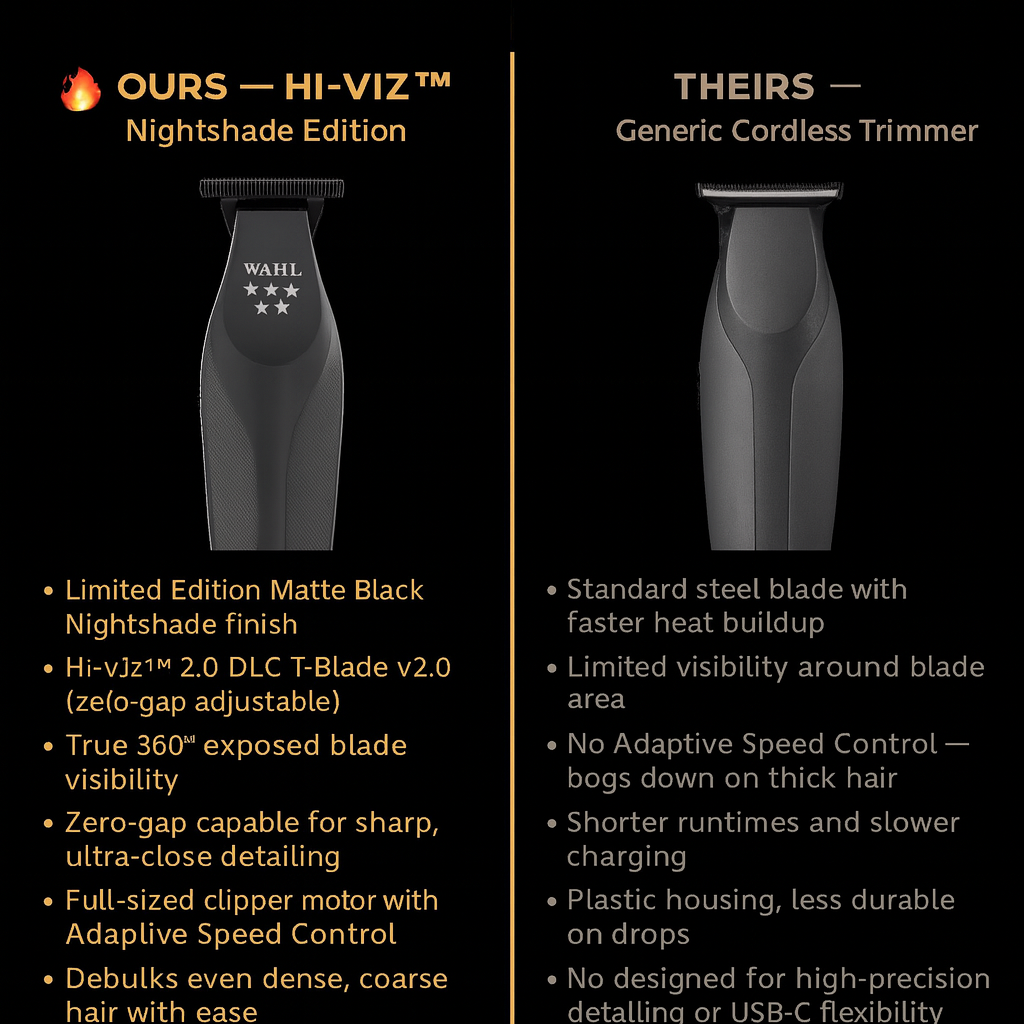 Wahl Hi-Viz™ Nightshade Limited Edition Matte Black Trimmer – DLC Zero-Gap T-Blade, Full-Size Motor, 360° Visibility
