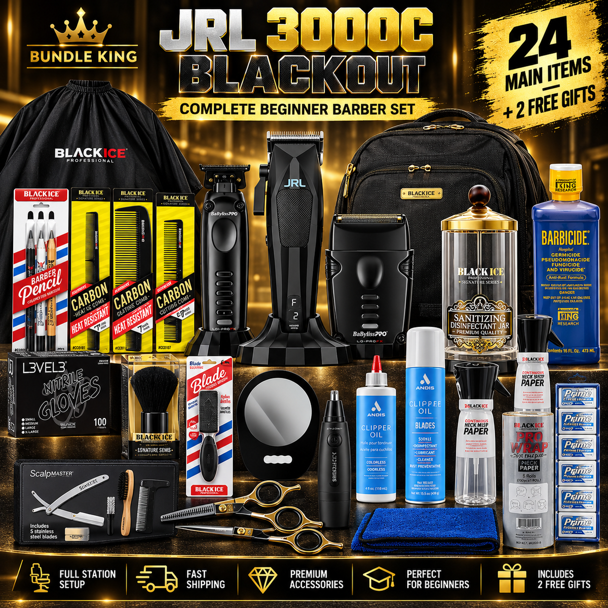 Bundle King JRL 3000C Blackout Complete Beginner Barber Station