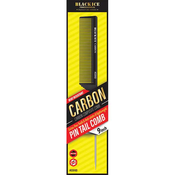 Black Ice Carbon Pin Tail Comb packaging on a white background