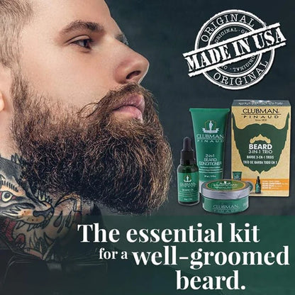 Clubman Pinaud™ 3-Piece Beard Grooming Kit – Beard Conditioner, Beard Balm & Beard Oil Set (Travel-Friendly Sizes)