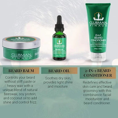 Clubman Pinaud™ 3-Piece Beard Grooming Kit – Beard Conditioner, Beard Balm & Beard Oil Set (Travel-Friendly Sizes)