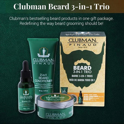 Clubman Pinaud™ 3-Piece Beard Grooming Kit – Beard Conditioner, Beard Balm & Beard Oil Set (Travel-Friendly Sizes)