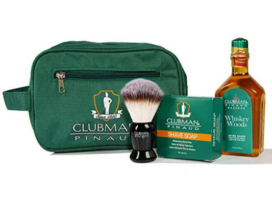 Clubman Pinaud™ Shave Essentials Set – Dopp Kit with Whiskey Woods After Shave, Shave Soap & Synthetic Brush