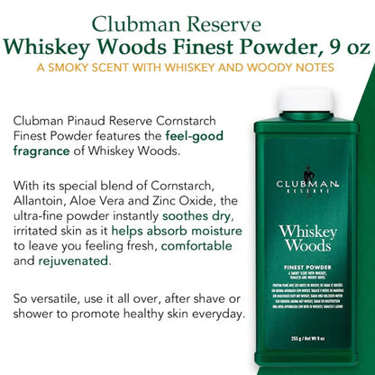 Clubman Whiskey Woods Finest Barber Powder (Talc-Free, Cornstarch-Based) – 9 oz