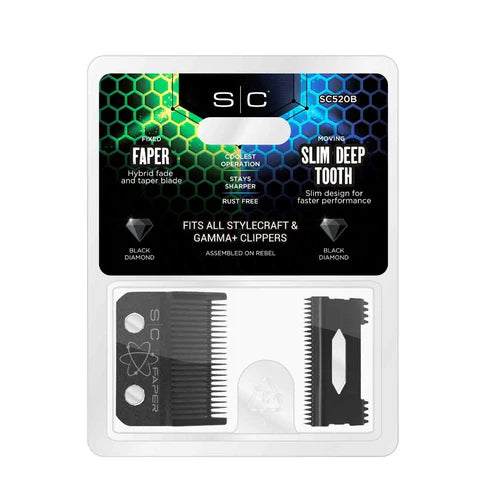 StyleCraft™ Fixed Black Diamond Carbon DLC Faper Blade with Slim Deep Tooth Cutter (SC520B) – Professional Zero-Gap Compatible Clipper Blade