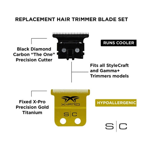 StyleCraft™ Fixed X-PRO Gold Titanium Trimmer Blade with Black Diamond Carbon DLC Deep Tooth Cutter Set (SC523GB) – Hypoallergenic, Zero Gap Adjustable, Professional Replacement Blade
