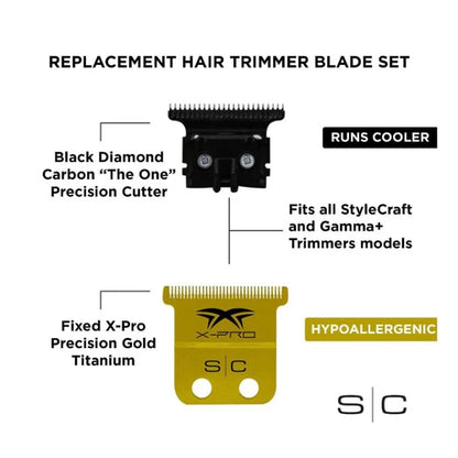 StyleCraft™ Fixed X-PRO Gold Titanium Trimmer Blade with Black Diamond Carbon DLC Deep Tooth Cutter Set (SC523GB) – Hypoallergenic, Zero Gap Adjustable, Professional Replacement Blade