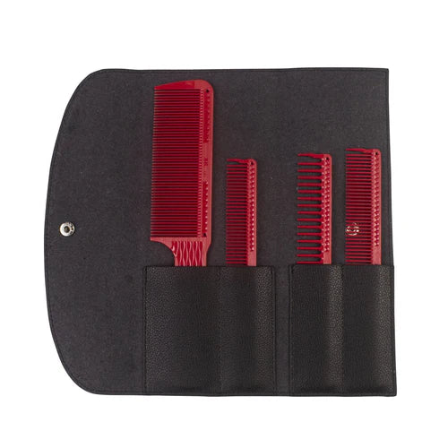 JRL Professional Barber Comb Set – 4 Piece Ceramic Anti-Static Cutting & Blending Combs with Premium Red Finish + Recycled Leather Bag