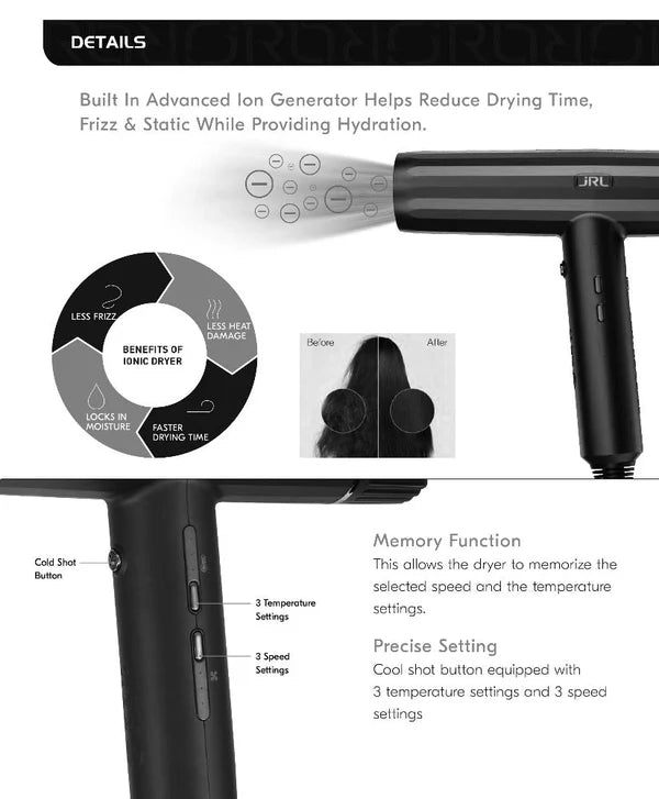 JRL Professional High-Speed Hair Dryer — 95,000 RPM Turbo-Dry Engine, LED Smart System, Auto-Clean + Ion Technology