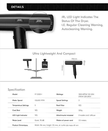 JRL Professional High-Speed Hair Dryer — 95,000 RPM Turbo-Dry Engine, LED Smart System, Auto-Clean + Ion Technology