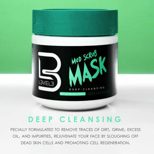 L3VEL3 Deep Cleansing Mud Scrub Mask (500ml / 16.9oz) | Exfoliating Facial Mask for Clear, Healthy Skin