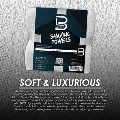 L3VEL3 Level 3 Shaving Towels White 3-Pack – Soft Cotton Barber Face Towels