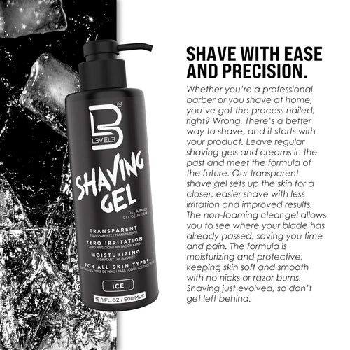L3VEL3™ Transparent Shaving Gel – Ice & Aqua Clear Barber Shave Gel (16.9oz / 33.8oz)