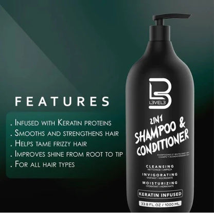L3VEL3® 2-in-1 Shampoo & Conditioner – 1000ml (33.8oz) | Keratin-Enriched Formula for Stronger, Smoother Hair