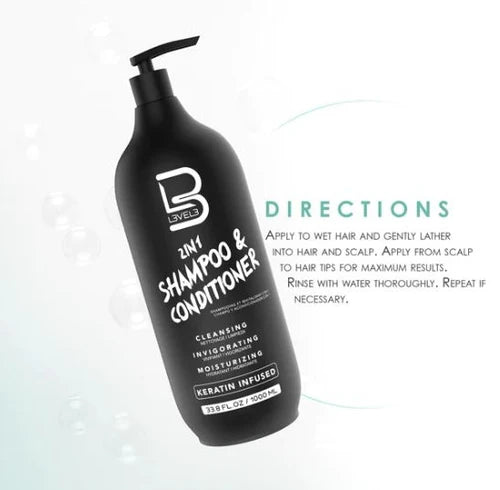 L3VEL3® 2-in-1 Shampoo & Conditioner – 1000ml (33.8oz) | Keratin-Enriched Formula for Stronger, Smoother Hair