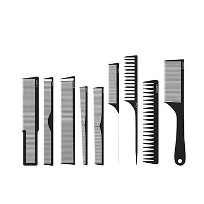 L3VEL3 9-Piece Barber & Hairstyling Carbon Comb Set – Heat-Resistant, Anti-Static, Pro Kit with Protective Pouch