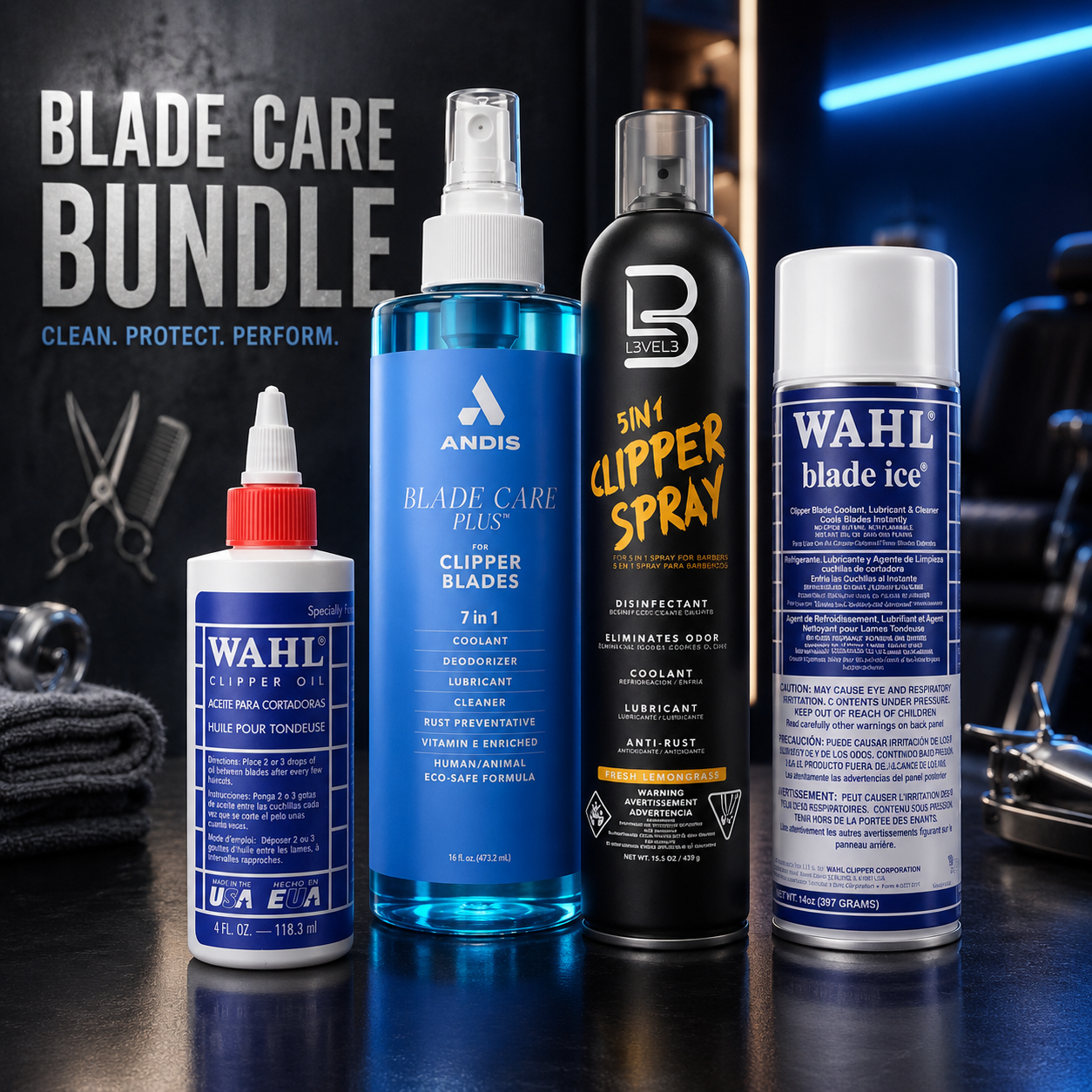 Pro Blade Care Kit – Andis 7-in-1, Wahl Blade Ice & L3VEL3 Spray