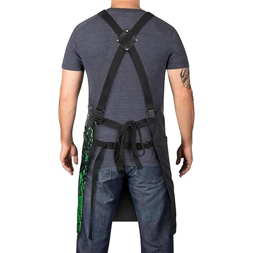 StyleCraft™ “Radioactive” Water-Repellent Barber Apron – Heavy-Duty Cross-Back with Tool Hooks & Pockets