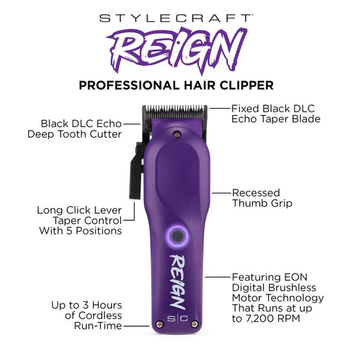 StyleCraft Reign EON Purple Cordless Clipper SC620P | 7200 RPM Brushless Motor, Black DLC Taper Blade, 3 Hour Runtime