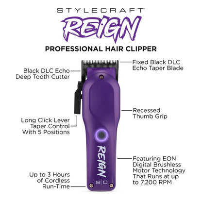 StyleCraft Reign EON Purple Cordless Clipper SC620P | 7200 RPM Brushless Motor, Black DLC Taper Blade, 3 Hour Runtime