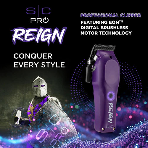 StyleCraft Reign EON Purple Cordless Clipper SC620P | 7200 RPM Brushless Motor, Black DLC Taper Blade, 3 Hour Runtime