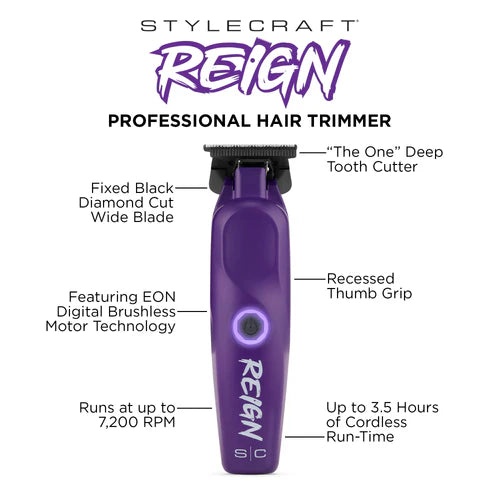 StyleCraft Reign EON Purple Cordless Trimmer SC422P | 7200 RPM Brushless Motor, Black Diamond Wide Blade, 3.5 Hour Runtime