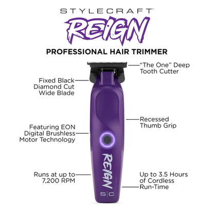 StyleCraft Reign EON Purple Cordless Trimmer SC422P | 7200 RPM Brushless Motor, Black Diamond Wide Blade, 3.5 Hour Runtime