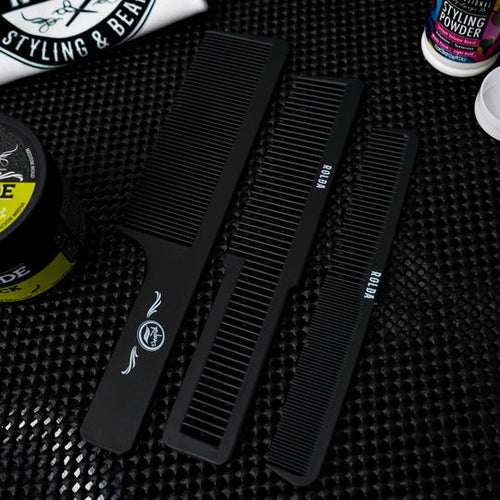 Rolda™ Carbon Fiber Barber Comb Kit – 3 Piece Premium Set (Flat Top, Cutting & Styling Combs) – Heat Resistant, Anti-Static, Ultra Durable