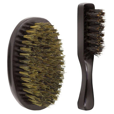 Scalpmaster™ 2-Piece Beard Grooming Set – Natural Boar Bristle Palm & Detailing Brushes with Black Wood Handles