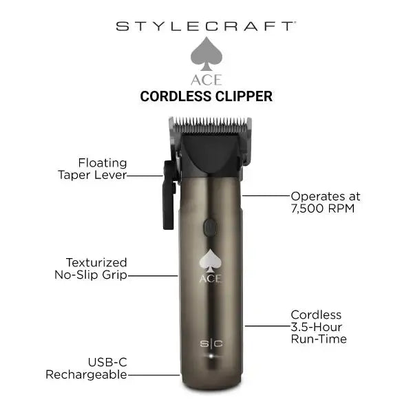 StyleCraft Ace™ Cordless Hair Clipper – 7,500 RPM Rotary Motor, Ceramic Blade, 3.5 Hr Runtime – Fading, Bulk Cuts & Full Grooming
