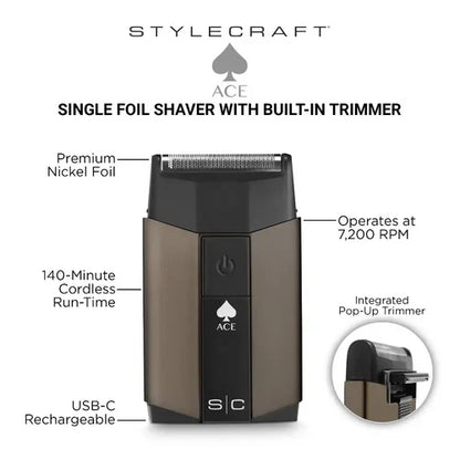 StyleCraft Ace™ Single Foil Shaver w/ Pop-Up Trimmer – 7,200 RPM Motor, Nickel Foil, 140-Min Runtime